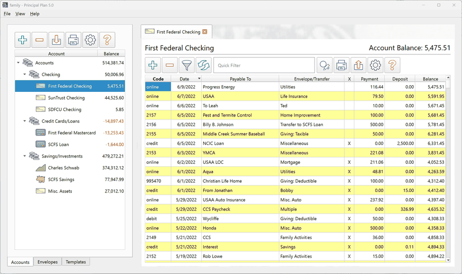 The Principal Plan Account ledger on Windows, listing Transactions with a running balance