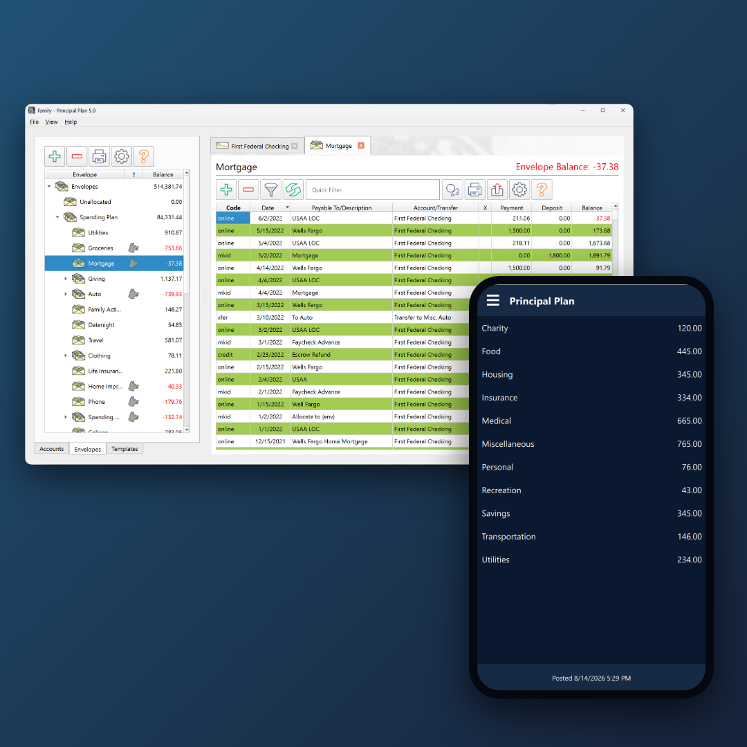 Principal Plan en una computadora de escritorio con el registro de sobres, y Principal Plan Mobile en un teléfono con los saldos de los sobres
