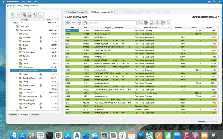 The Principal Plan Envelope ledger on Mac, listing Envelopes with their available balances