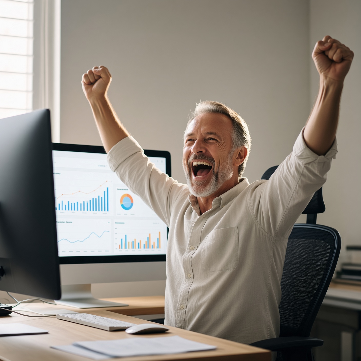 A man at his computer raising both hands in celebration